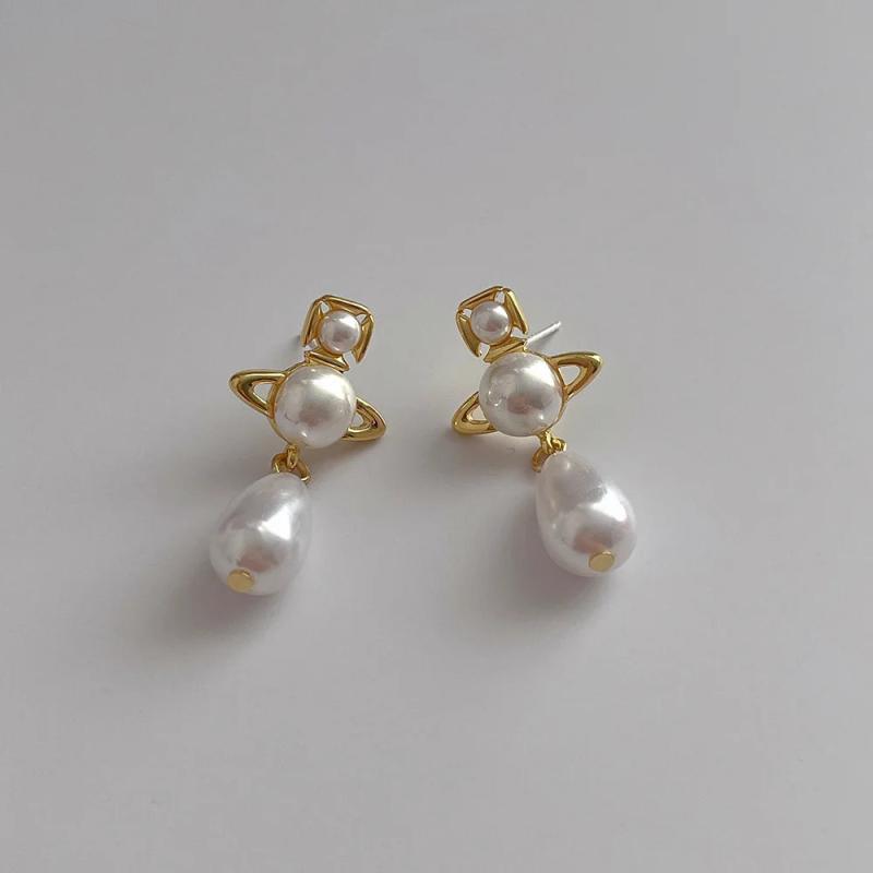 French Water Drop Saturn Pearl Earrings Personality Temperament