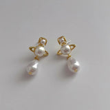 French Water Drop Saturn Pearl Earrings Personality Temperament