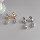 French Water Drop Saturn Pearl Earrings Personality Temperament