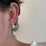 French Water Drop Saturn Pearl Earrings Personality Temperament