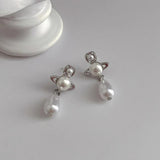 French Water Drop Saturn Pearl Earrings Personality Temperament
