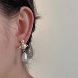 French Water Drop Saturn Pearl Earrings Personality Temperament