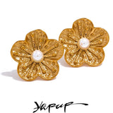 Flower Pearls Stud Earrings Stainless Steel Waterproof Jewelry Women