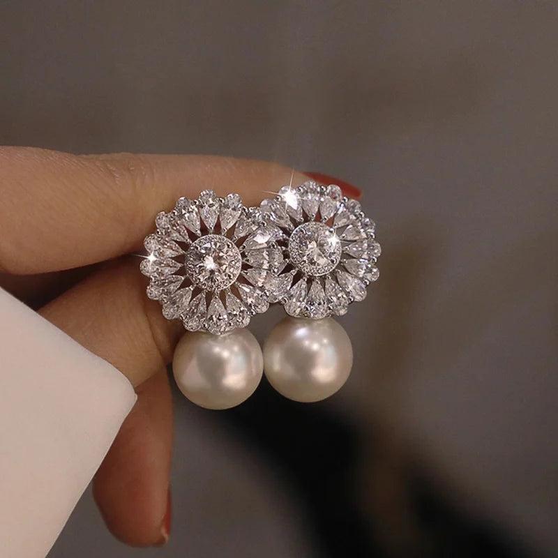 Pearl Stud Earrings Cubic Zirconia Inlaid Delicate Women Jewelry