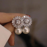 Pearl Stud Earrings Cubic Zirconia Inlaid Delicate Women Jewelry