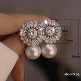 Pearl Stud Earrings Cubic Zirconia Inlaid Delicate Women Jewelry