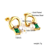 Green CZ Pearl Drop Earrings Stainless Steel