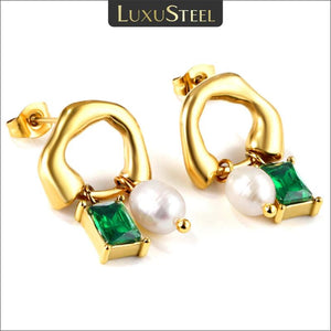 Green CZ Pearl Drop Earrings Stainless Steel