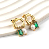 Green CZ Pearl Drop Earrings Stainless Steel
