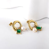 Green CZ Pearl Drop Earrings Stainless Steel