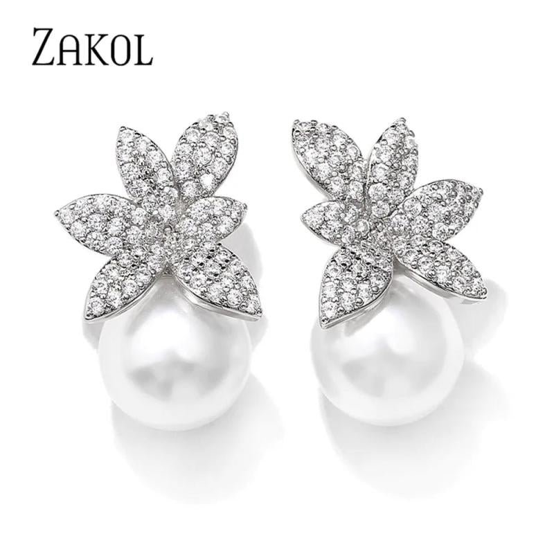 Crystal Pearls Leaf Stud Earrings Micro Zircon Bridal Jewelry