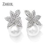 Crystal Pearls Leaf Stud Earrings Micro Zircon Bridal Jewelry
