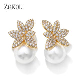Crystal Pearls Leaf Stud Earrings Micro Zircon Bridal Jewelry