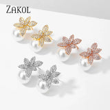 Crystal Pearls Leaf Stud Earrings Micro Zircon Bridal Jewelry