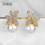 Crystal Pearls Leaf Stud Earrings Micro Zircon Bridal Jewelry