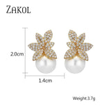 Crystal Pearls Leaf Stud Earrings Micro Zircon Bridal Jewelry