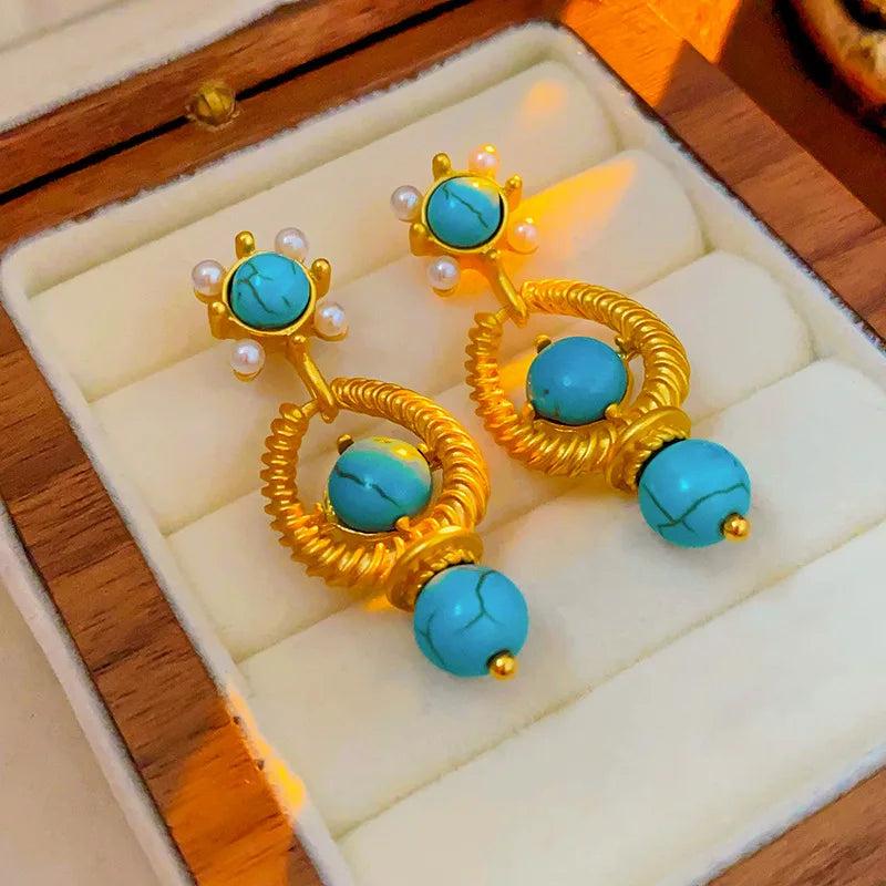 Vintage Turquoise Pearl Stud Earrings S925 Silver Needle