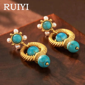 Vintage Turquoise Pearl Stud Earrings S925 Silver Needle