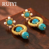 Vintage Turquoise Pearl Stud Earrings S925 Silver Needle