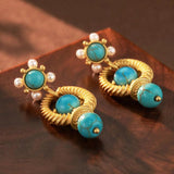 Vintage Turquoise Pearl Stud Earrings S925 Silver Needle