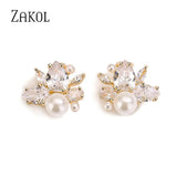 Pearl Zircon Stud Earring for Women Bridal Wedding Party