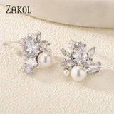 Pearl Zircon Stud Earring for Women Bridal Wedding Party