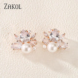 Pearl Zircon Stud Earring for Women Bridal Wedding Party