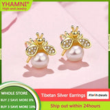 Delicate Temperament Pearl Bee Stud Earrings 925 Silver Needle Jewelry
