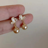 Korea Pearl Cat's Eye Stone Butterfly Ear Stud Earrings