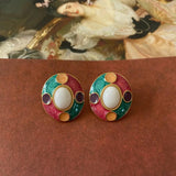 Vintage Enamel Flower Heart Stud Earrings for Women