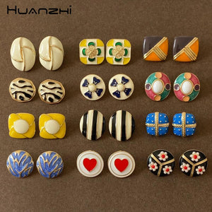 Vintage Enamel Flower Heart Stud Earrings for Women