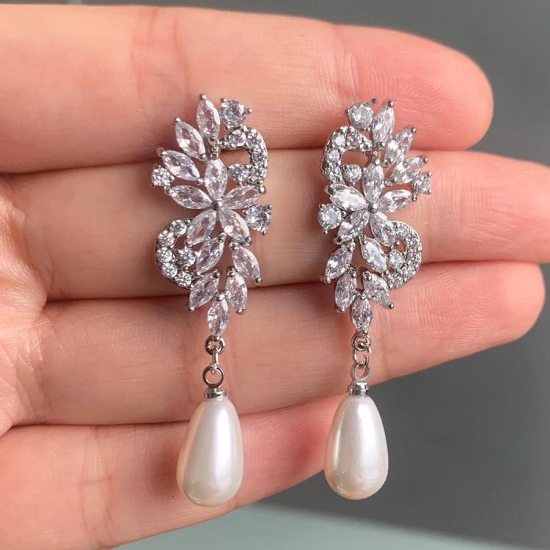 AAA CZ Long Pearl Earring for Women Wedding