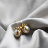 French Temperament Bow Ribbon Pearl Earrings 18K Jewelry