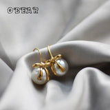 French Temperament Bow Ribbon Pearl Earrings 18K Jewelry