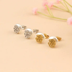 Stainless Steel Bear Stud Earrings with Flower Pearl