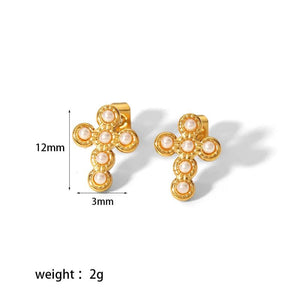 Pearl CZ Moon Star Stud Earrings Cross Shape Golden Jewelry for Women