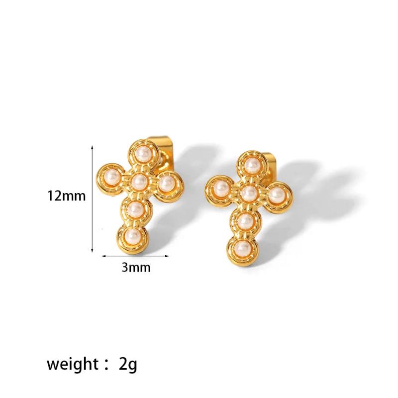 Pearl CZ Moon Star Stud Earrings Cross Shape Golden Jewelry for Women