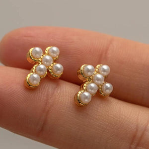 Pearl CZ Moon Star Stud Earrings Cross Shape Golden Jewelry for Women