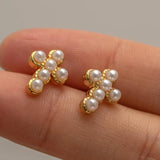Pearl CZ Moon Star Stud Earrings Cross Shape Golden Jewelry for Women