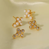Pearl CZ Moon Star Stud Earrings Cross Shape Golden Jewelry for Women