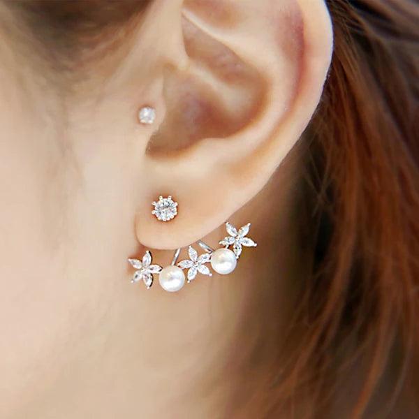 Crystal Flower Pearl Star Stud Earrings 925 Silver Needle Jewelry