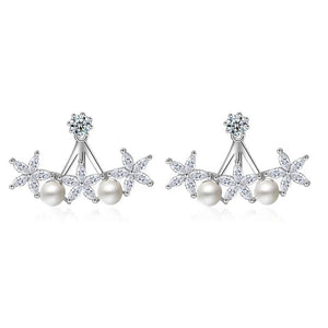 Crystal Flower Pearl Star Stud Earrings 925 Silver Needle Jewelry