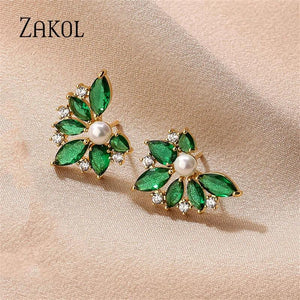 Green Zircon Leaf Stud Earrings for Women Girls Party Accessories