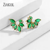 Green Zircon Leaf Stud Earrings for Women Girls Party Accessories