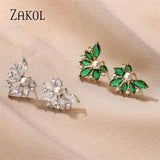 Green Zircon Leaf Stud Earrings for Women Girls Party Accessories