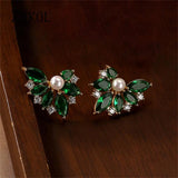 Green Zircon Leaf Stud Earrings for Women Girls Party Accessories
