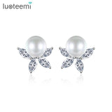 Romantic Pearl Flower Stud Earrings for Party