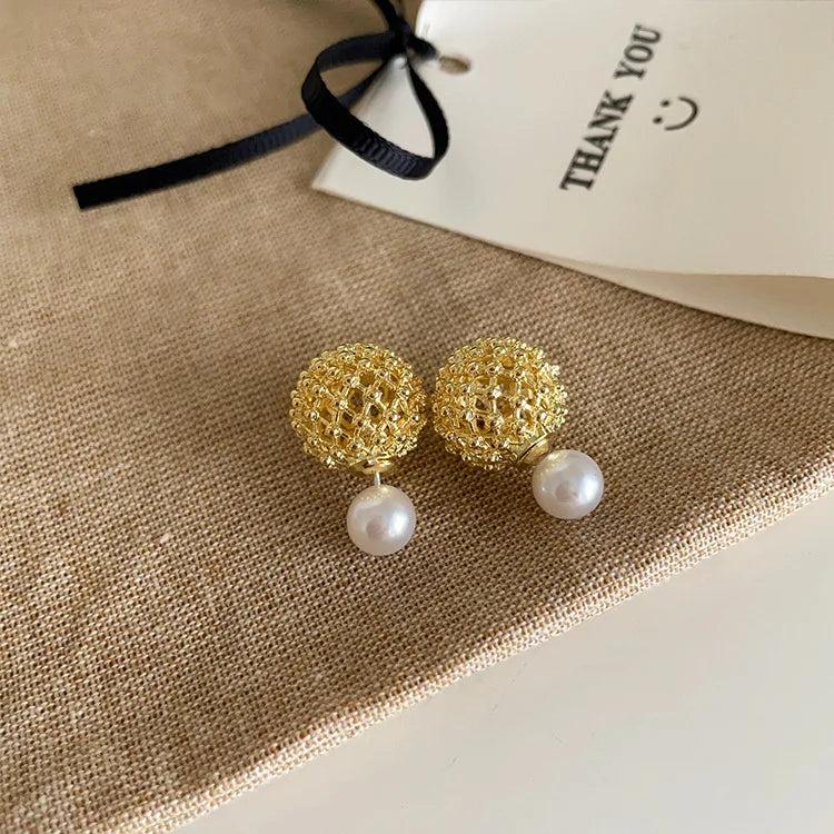 Metal Ball Pearl Stud Earrings Women Jewelry Accessories