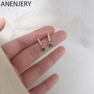 Silver Pearl Green Stone Drop Earrings Retro Party Jewelry
