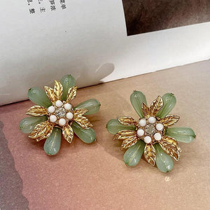 Vintage Flower Pearls Stud Earrings Green Glaze Banquet Jewelry